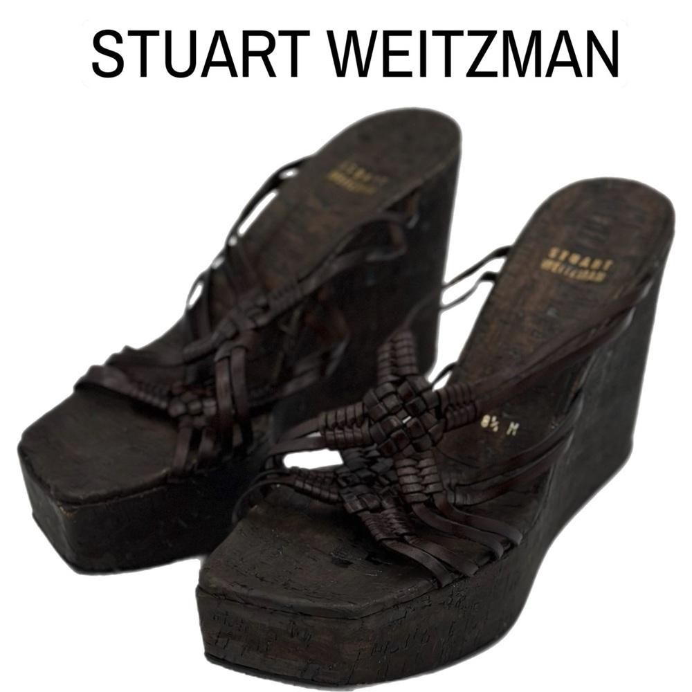 Stuart Weitzman Brown Leather Crisscross Wedge Sandals – Size 8.5M